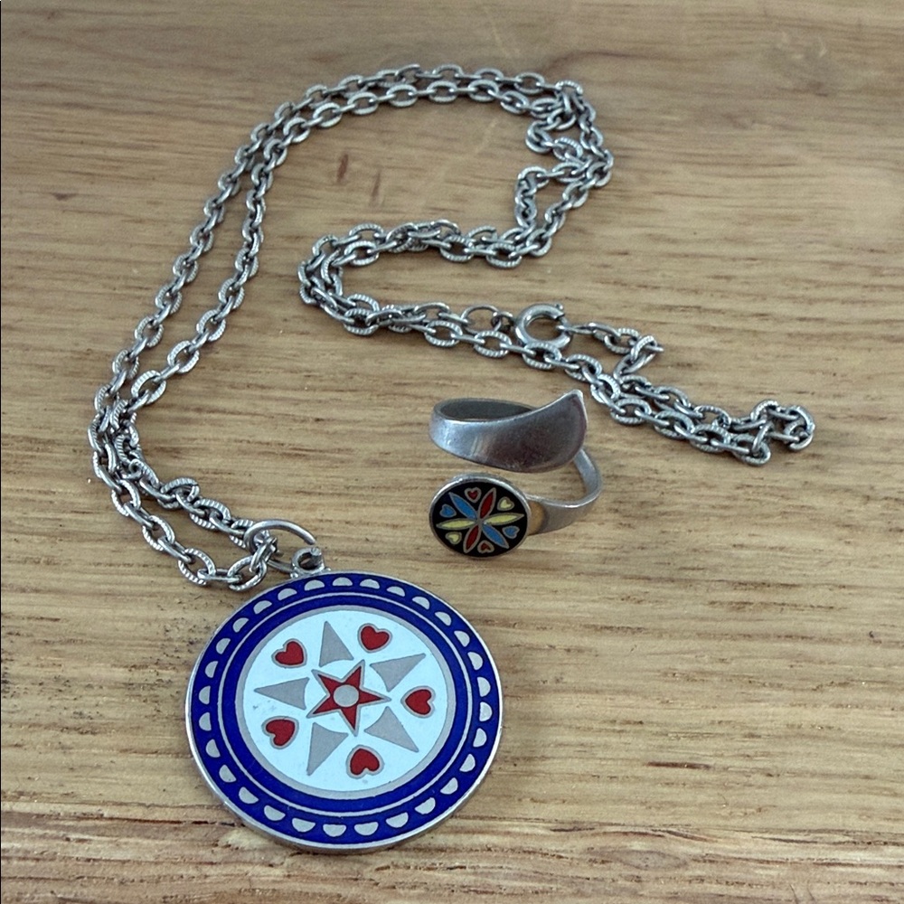 Silver and Blue hex sign  Pendant Necklace and hex symbol Ring